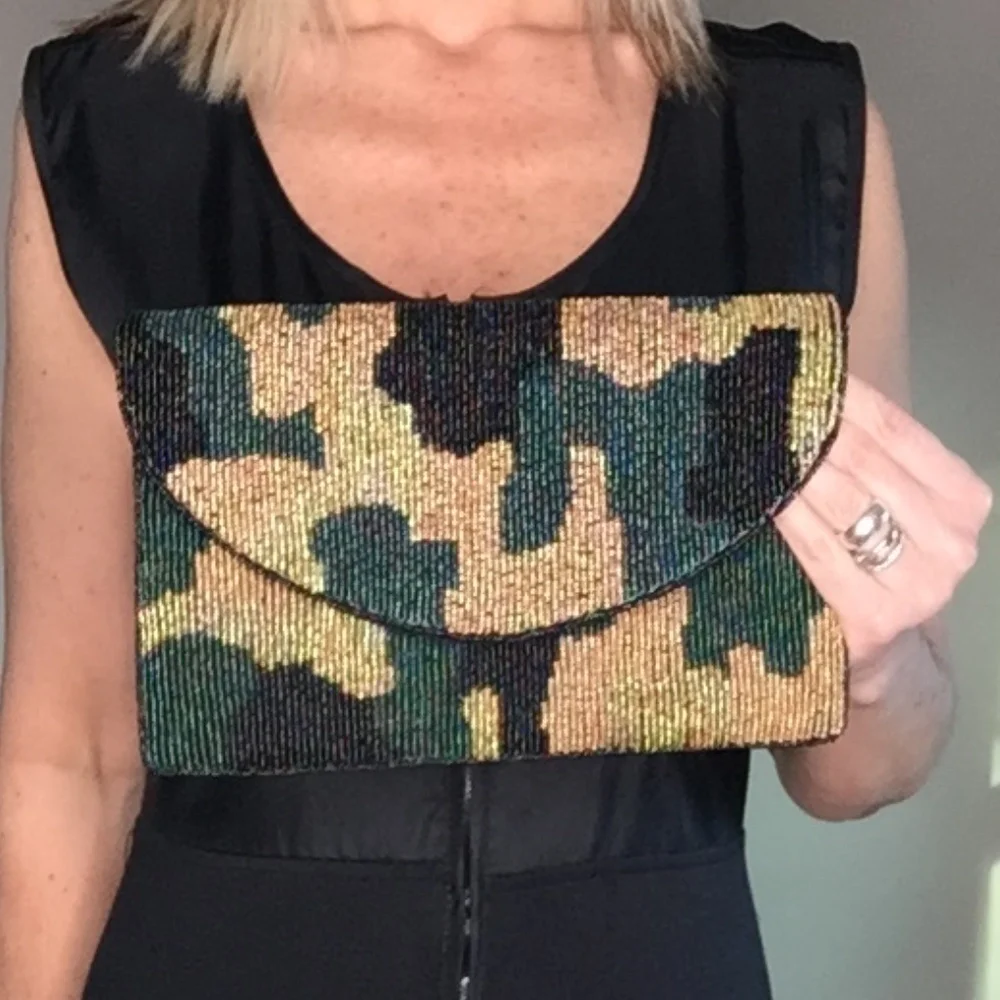 Camouflage Pattern Beaded Clutch